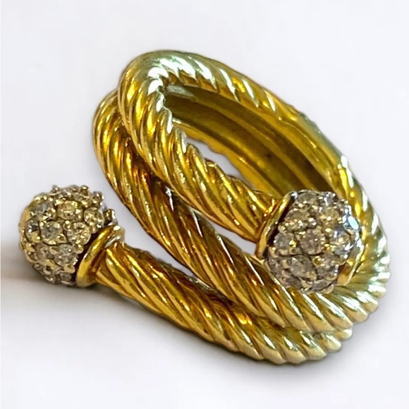 Authentic Vintage David Yurman 18k Yellow Gold Cable Diamond Ball Bypass Ring 6 - Picture 14 of 16